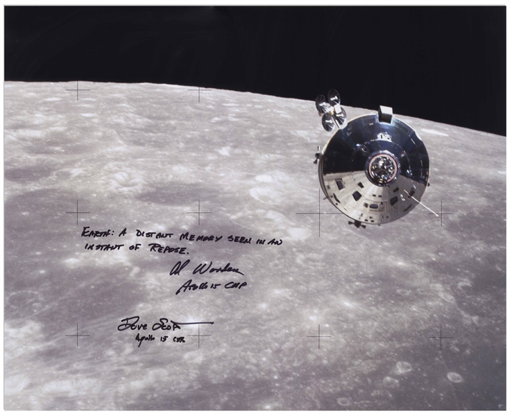 Al Worden & Dave Scott Signed 20'' x 16'' Photo of the Apollo 15 Command Module Against the Moon -- Worden Additionally Writes ''Earth: A distant memory seen in an instant of repose''